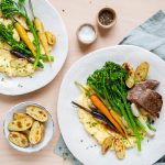 Cremige Polenta mit Bimi® Brokkoli, Rinderfilet und Nussbutter
